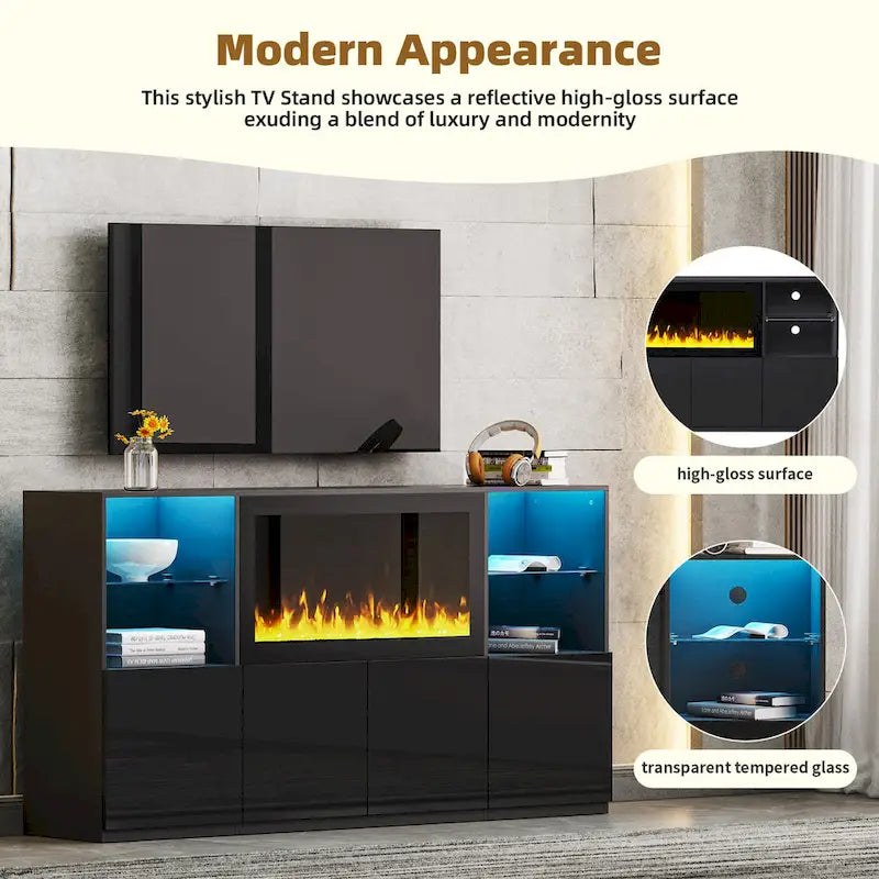 Meuble TV avec cheminée électrique non chauffante de 34,2 pouces, centre multimédia avec éclairage LED, étagères en verre trempé pour téléviseurs jusqu'à 75 pouces.