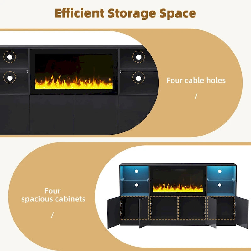Meuble TV avec cheminée électrique non chauffante de 34,2 pouces, centre multimédia avec éclairage LED, étagères en verre trempé pour téléviseurs jusqu'à 75 pouces.