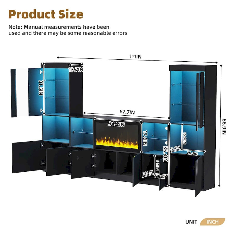 Meuble TV avec cheminée électrique non chauffante de 34,2 pouces, centre multimédia avec éclairage LED, étagères en verre trempé pour téléviseurs jusqu'à 75 pouces.
