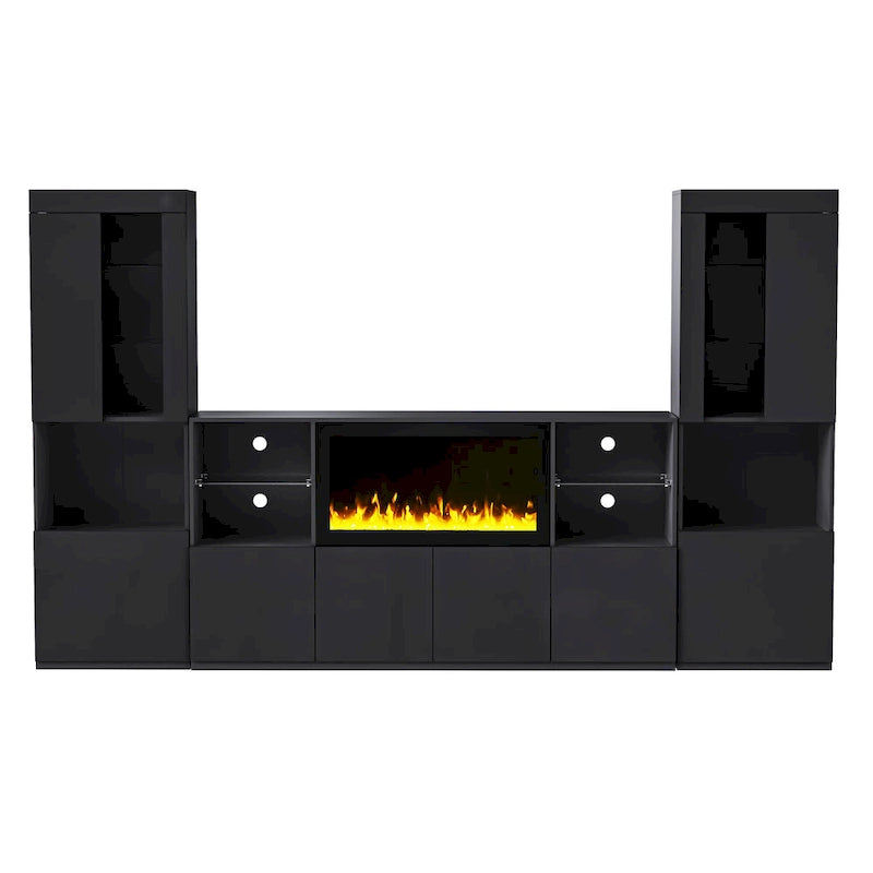 Meuble TV avec cheminée électrique non chauffante de 34,2 pouces, centre multimédia avec éclairage LED, étagères en verre trempé pour téléviseurs jusqu'à 75 pouces.