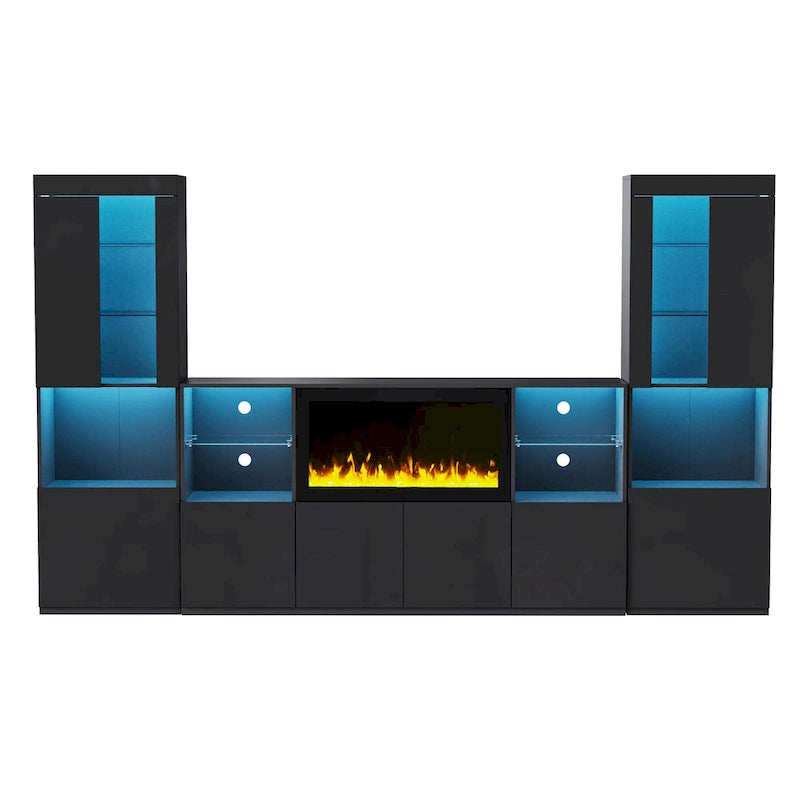 Meuble TV avec cheminée électrique non chauffante de 34,2 pouces, centre multimédia avec éclairage LED, étagères en verre trempé pour téléviseurs jusqu'à 75 pouces.