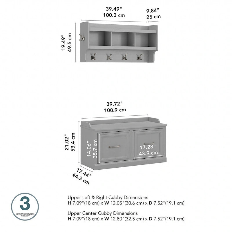 Banc à chaussures Woodland 40W avec portes et porte-manteau mural par Bush Furniture