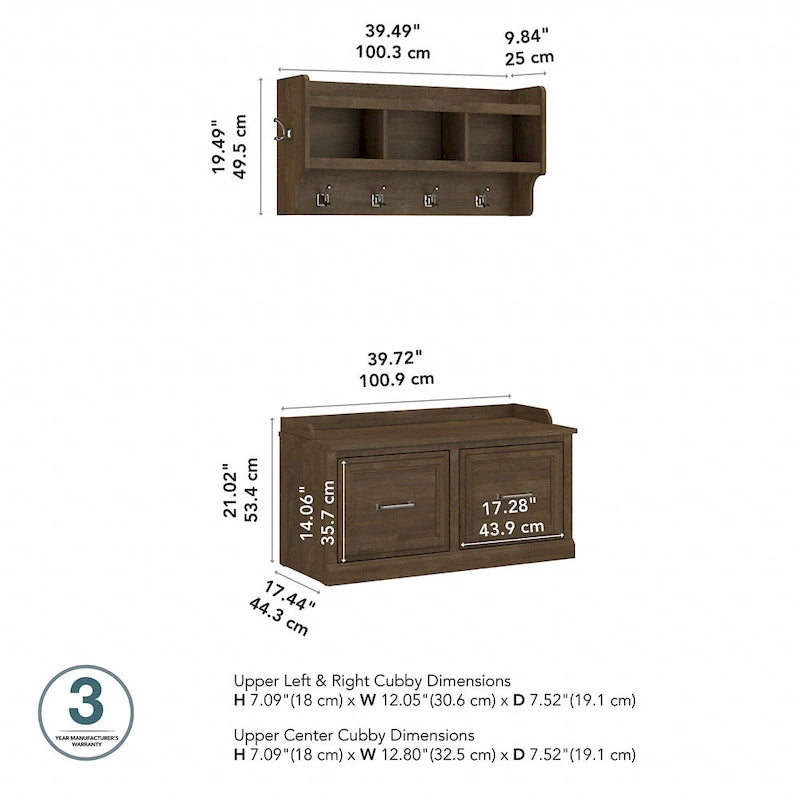 Banc à chaussures Woodland 40W avec portes et porte-manteau mural par Bush Furniture