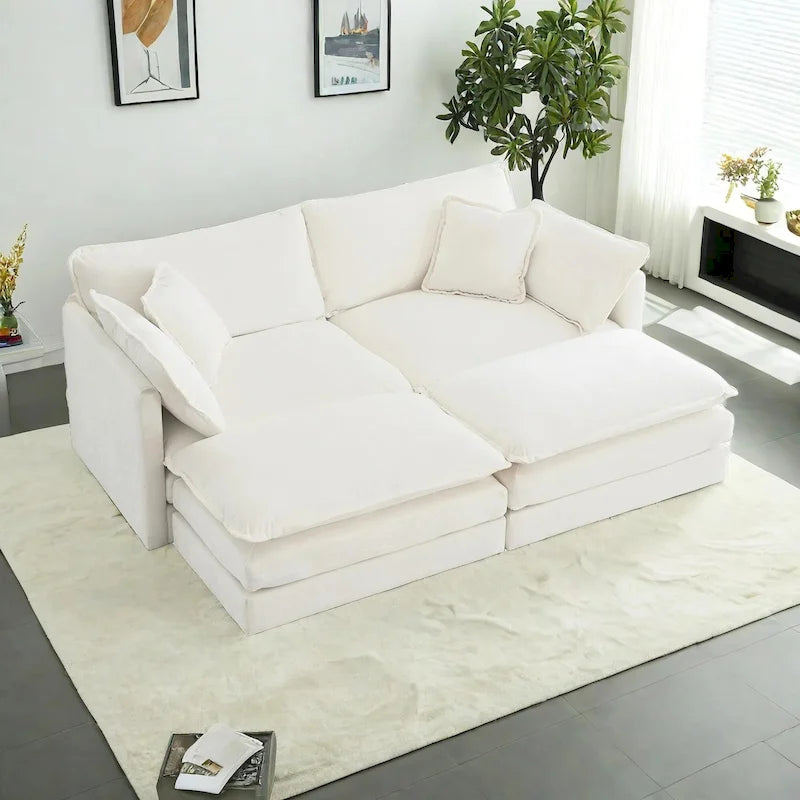 Canapé-lit d'angle modulaire 4 pièces en chenille avec pouf