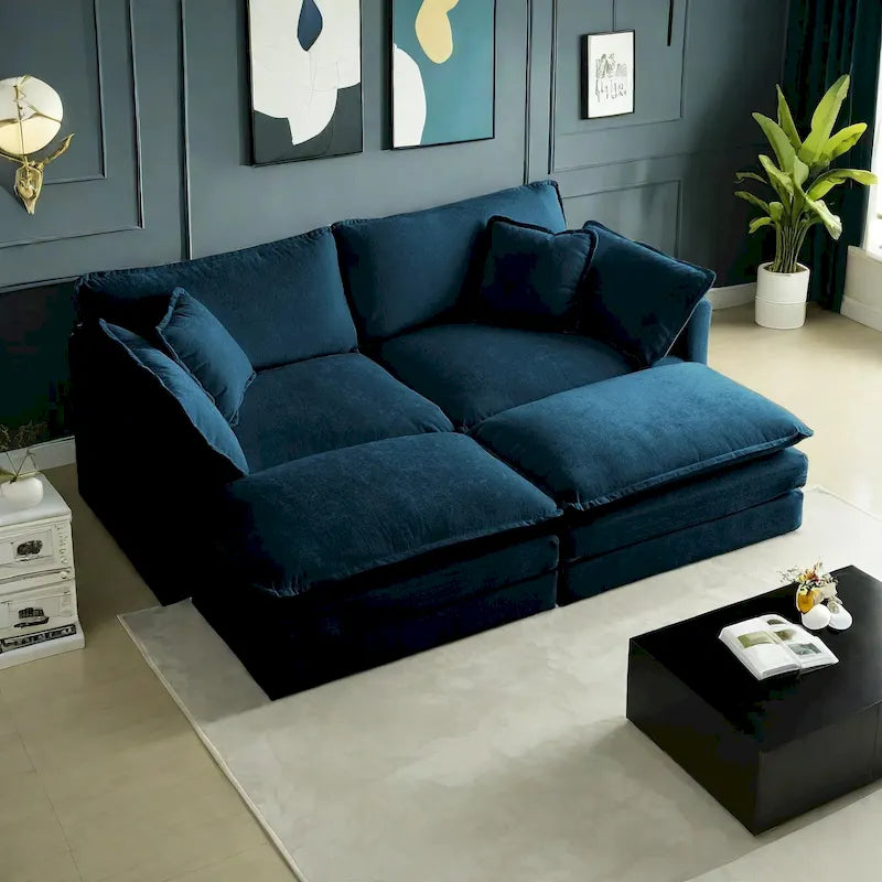 Canapé-lit d'angle modulaire 4 pièces en chenille avec pouf