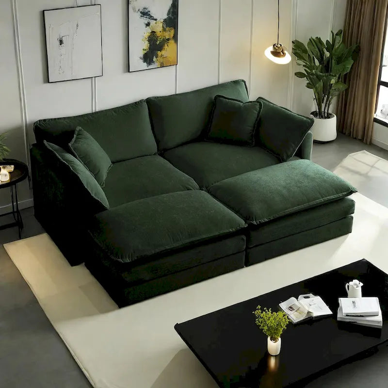 4-Piece Modular Chenille Upholstered Sleeper Sectional Sofa Bed with Ottoman