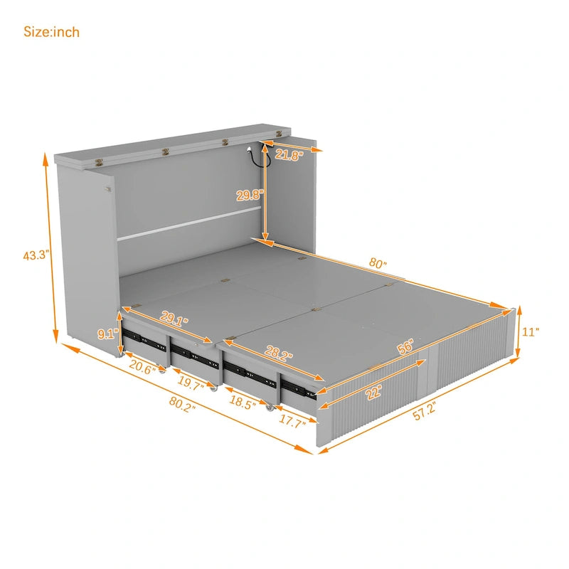 Lit escamotable pleine grandeur avec tiroir et ensemble de prises et ports USB