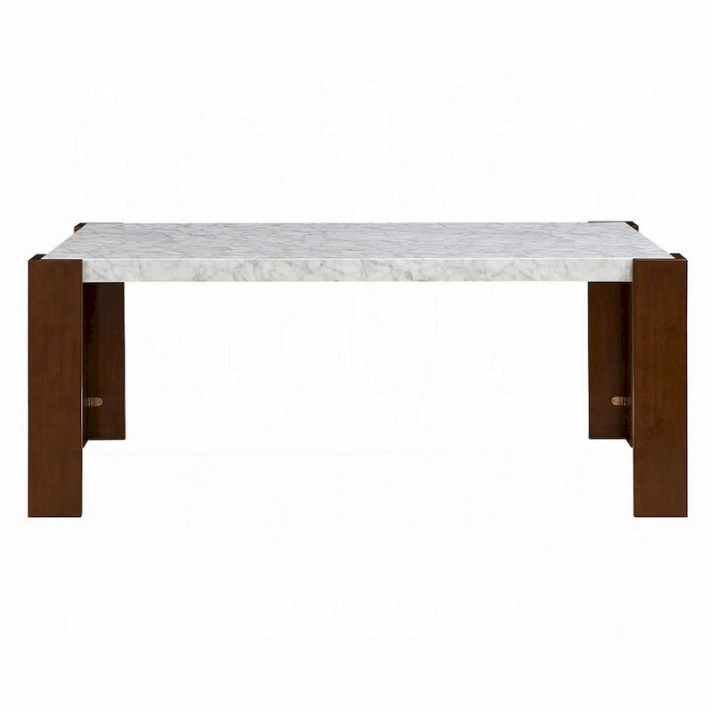 Table de salle à manger rectangulaire de 183 cm (72 pouces), plateau en faux marbre blanc, structure en bois brun