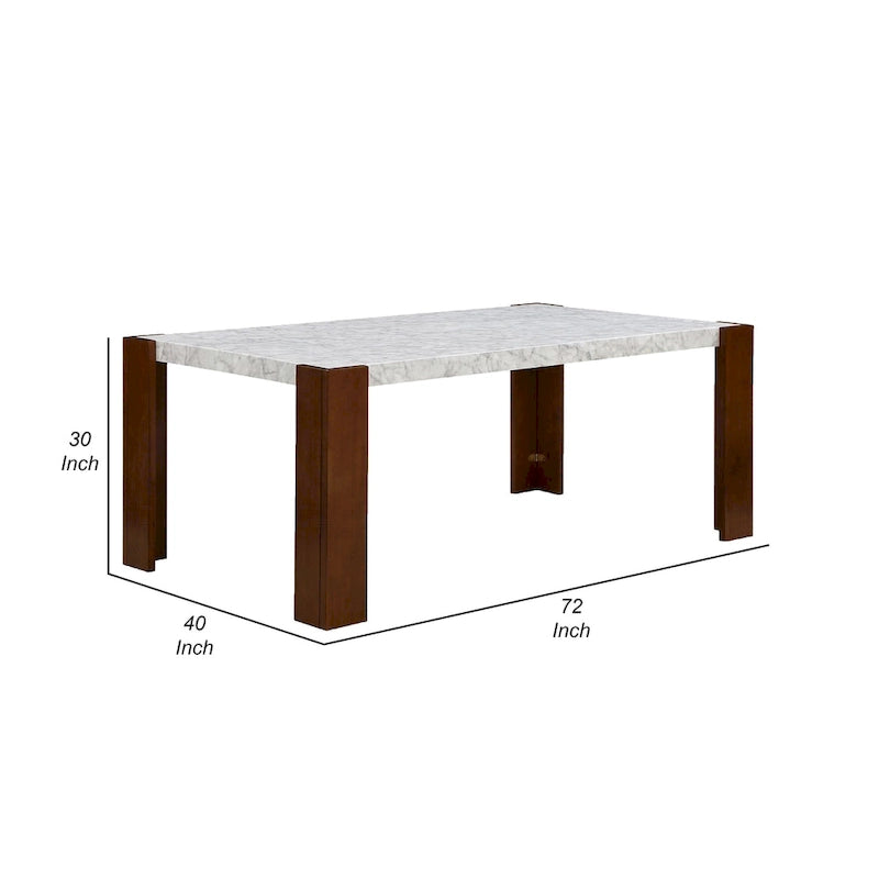 Table de salle à manger rectangulaire de 183 cm (72 pouces), plateau en faux marbre blanc, structure en bois brun