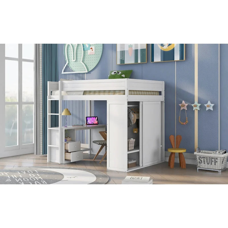 Lit mezzanine en bois pleine grandeur avec armoires et bureau à 2 tiroirs avec armoire