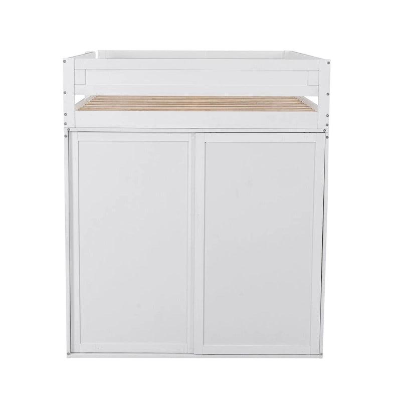 Lit mezzanine en bois pleine grandeur avec armoires et bureau à 2 tiroirs avec armoire