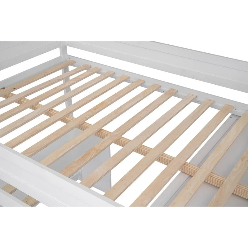 Lit mezzanine en bois pleine grandeur avec armoires et bureau à 2 tiroirs avec armoire