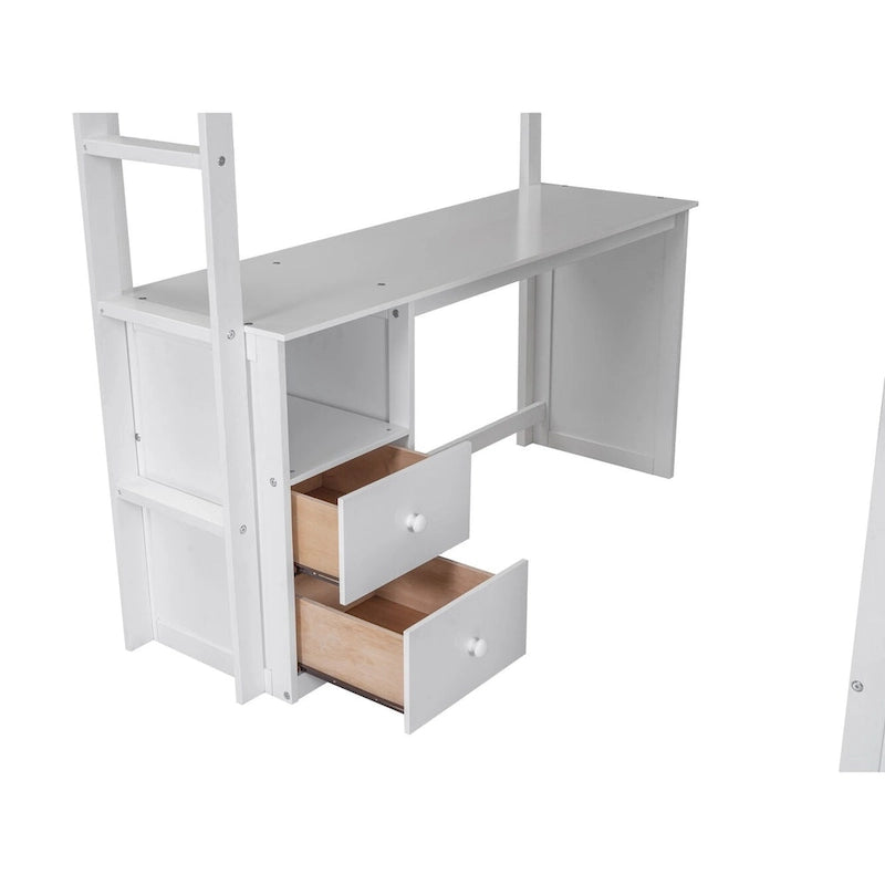 Lit mezzanine en bois pleine grandeur avec armoires et bureau à 2 tiroirs avec armoire