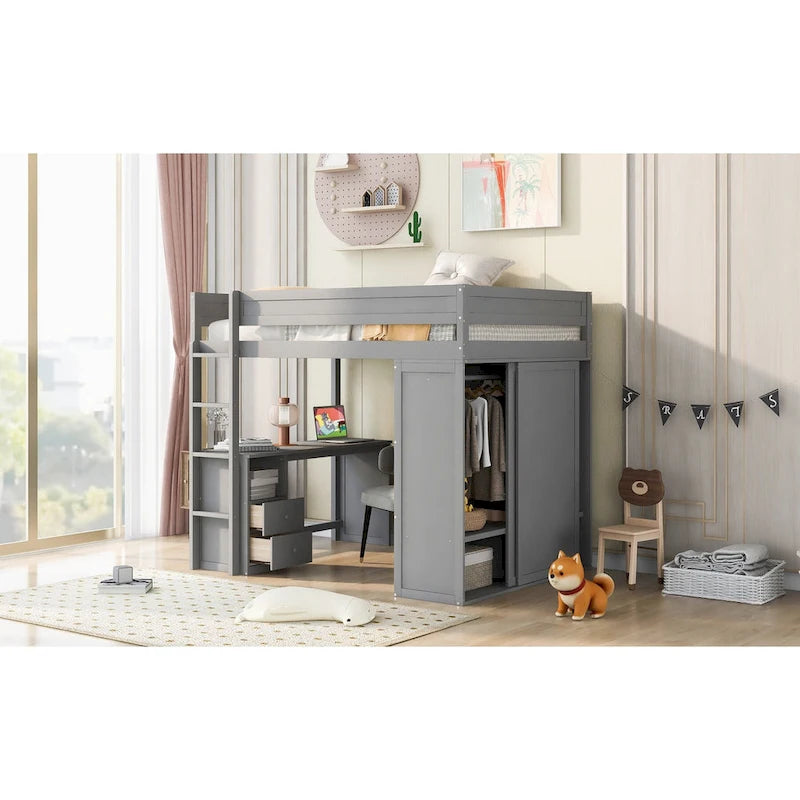 Lit mezzanine en bois pleine grandeur avec armoires et bureau à 2 tiroirs avec armoire