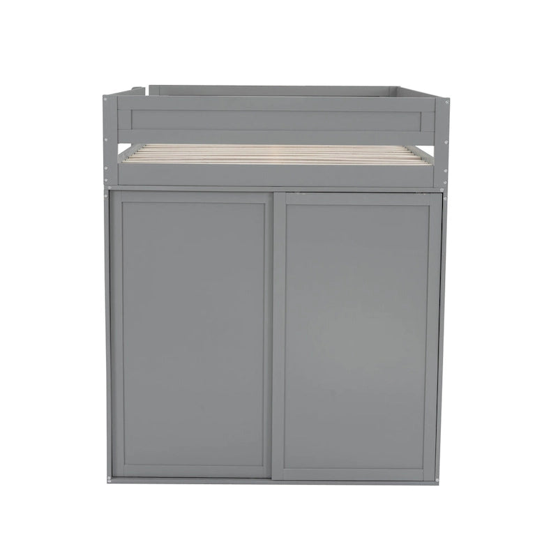 Lit mezzanine en bois pleine grandeur avec armoires et bureau à 2 tiroirs avec armoire