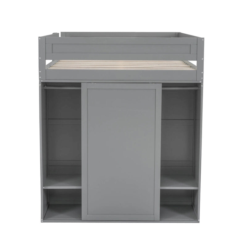 Lit mezzanine en bois pleine grandeur avec armoires et bureau à 2 tiroirs avec armoire