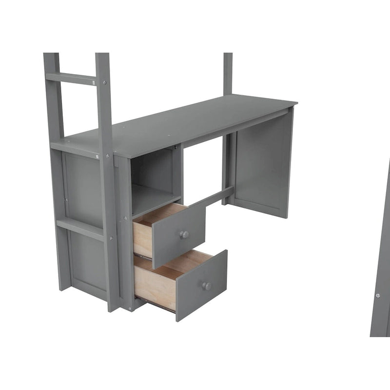 Lit mezzanine en bois pleine grandeur avec armoires et bureau à 2 tiroirs avec armoire