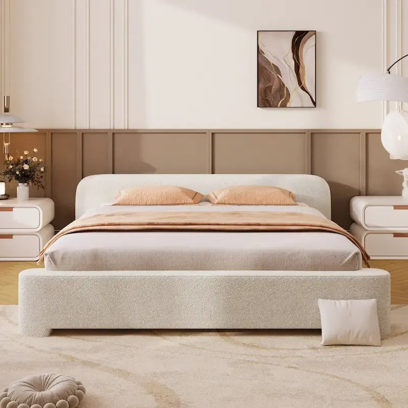 Lit plateforme moderne en bois, recouvert de tissu bouclé, avec tête de lit, idéal pour la chambre à coucher. Sommier non requis.