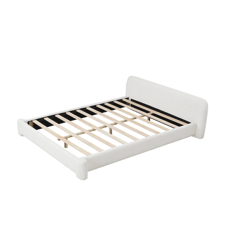 Lit plateforme moderne en bois, recouvert de tissu bouclé, avec tête de lit, idéal pour la chambre à coucher. Sommier non requis.