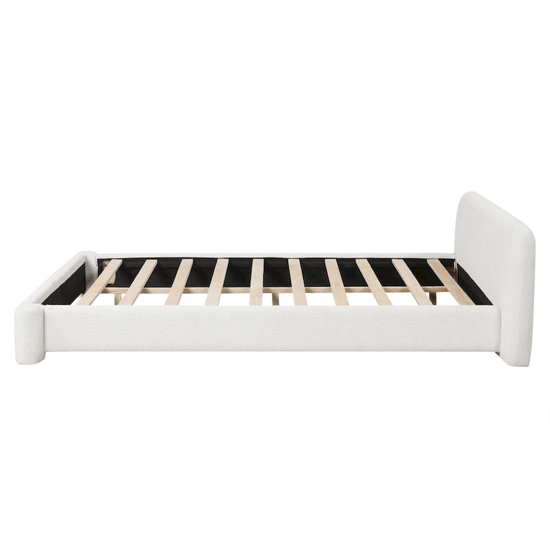Lit plateforme moderne en bois, recouvert de tissu bouclé, avec tête de lit, idéal pour la chambre à coucher. Sommier non requis.