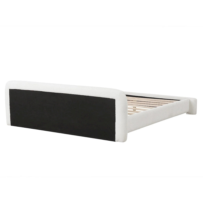 Lit plateforme moderne en bois, recouvert de tissu bouclé, avec tête de lit, idéal pour la chambre à coucher. Sommier non requis.