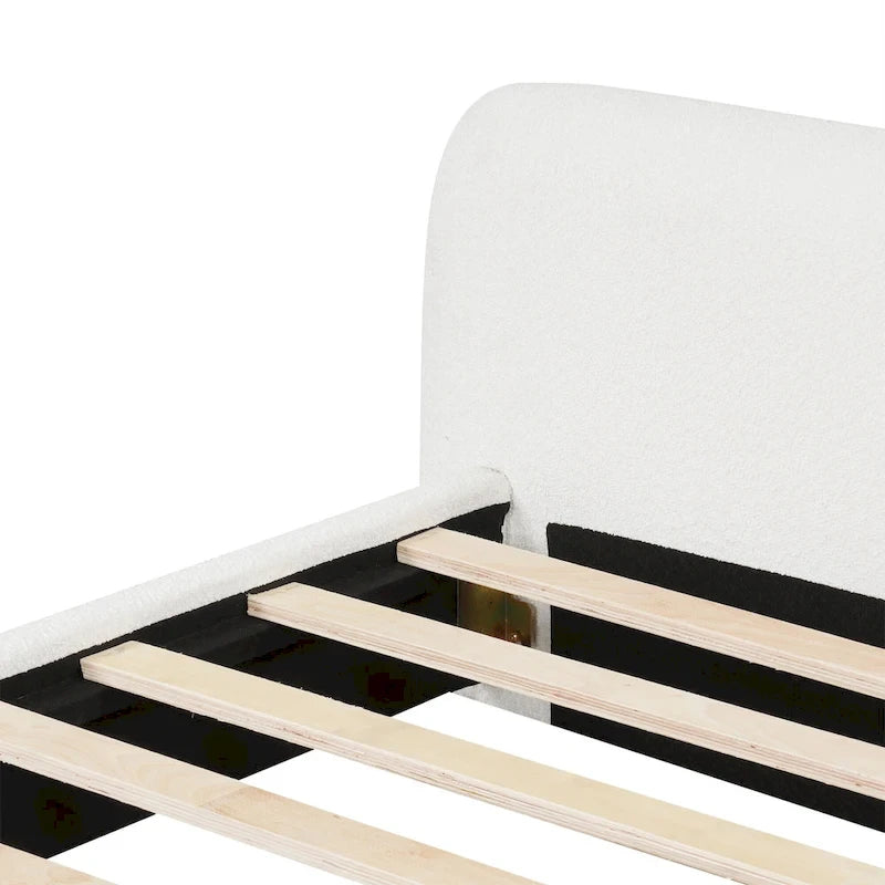 Lit plateforme moderne en bois, recouvert de tissu bouclé, avec tête de lit, idéal pour la chambre à coucher. Sommier non requis.