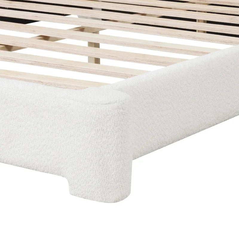 Lit plateforme moderne en bois, recouvert de tissu bouclé, avec tête de lit, idéal pour la chambre à coucher. Sommier non requis.