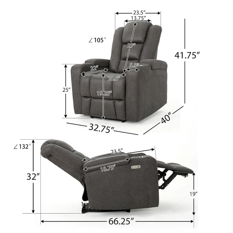 Fauteuil inclinable électrique Roomfitters 33 pouces (84 cm) avec rangement dans les accoudoirs et port USB, couleur ardoise
