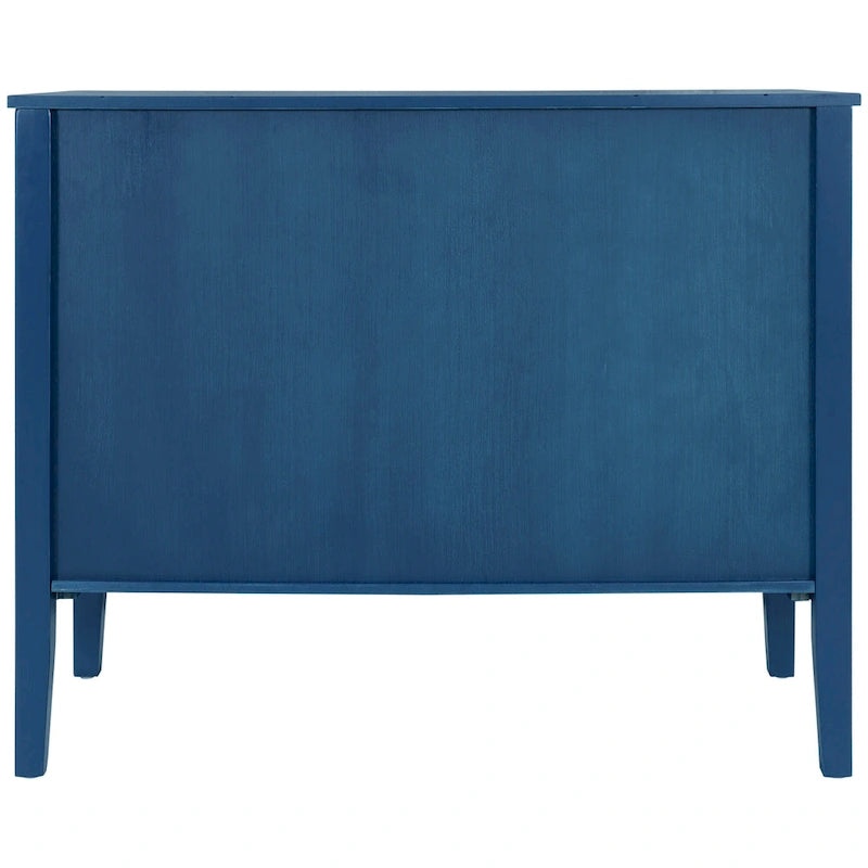 Buffet Roomfitters avec étagères réglables, poignées en métal rétro et pieds en pin, idéal pour le salon ou le bureau.