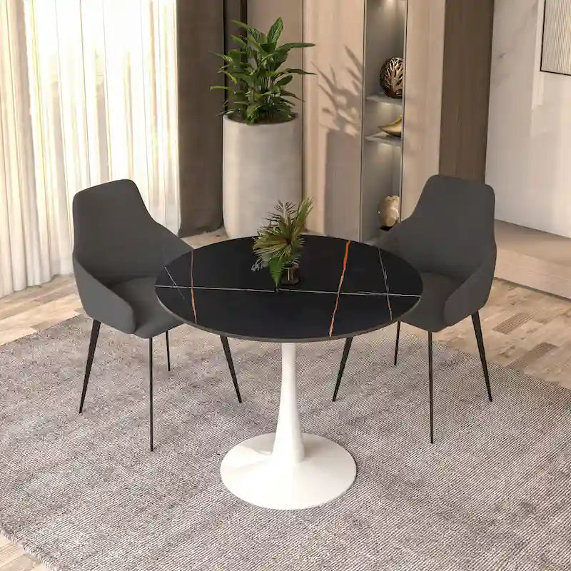 Table de salle à manger ronde moderne Bristol 31 avec plateau en pierre frittée et pied central en acier inoxydable blanc pour salle à manger et cuisine