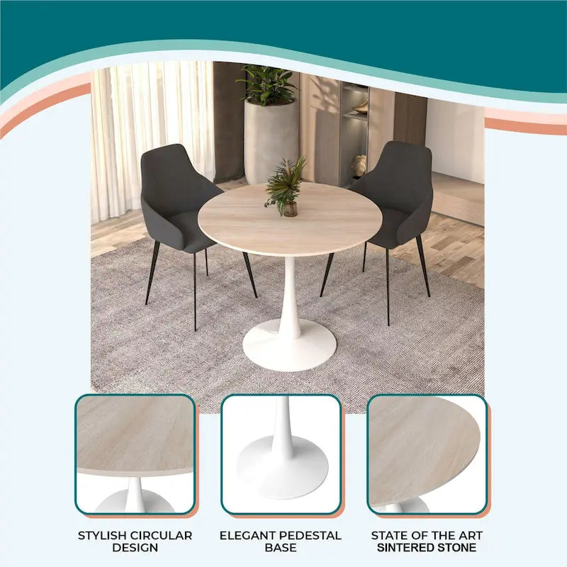 Table de salle à manger ronde moderne Bristol 31 avec plateau en pierre frittée et pied central en acier inoxydable blanc pour salle à manger et cuisine