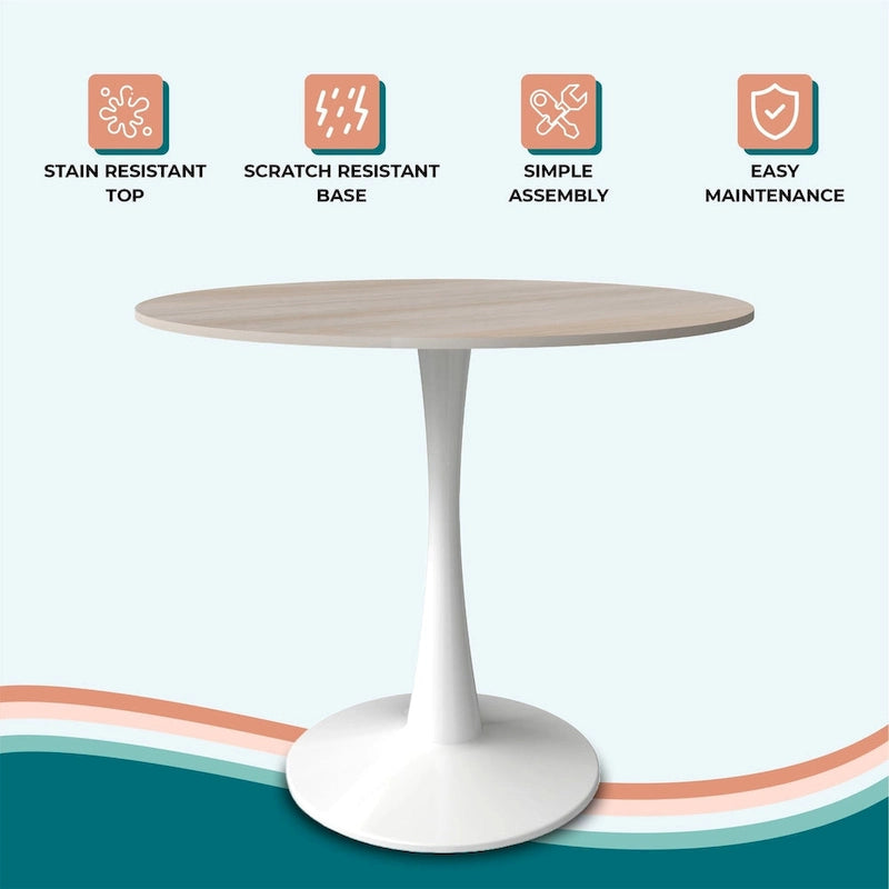 Table de salle à manger ronde moderne Bristol 31 avec plateau en pierre frittée et pied central en acier inoxydable blanc pour salle à manger et cuisine
