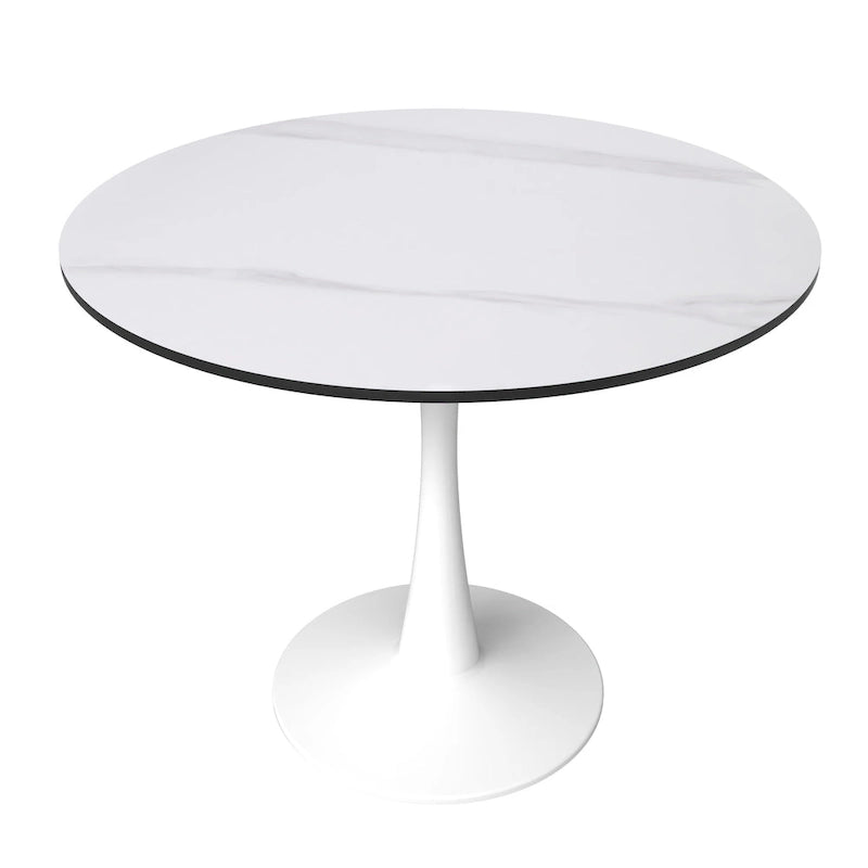 Table de salle à manger ronde moderne Bristol 31 avec plateau en pierre frittée et pied central en acier inoxydable blanc pour salle à manger et cuisine