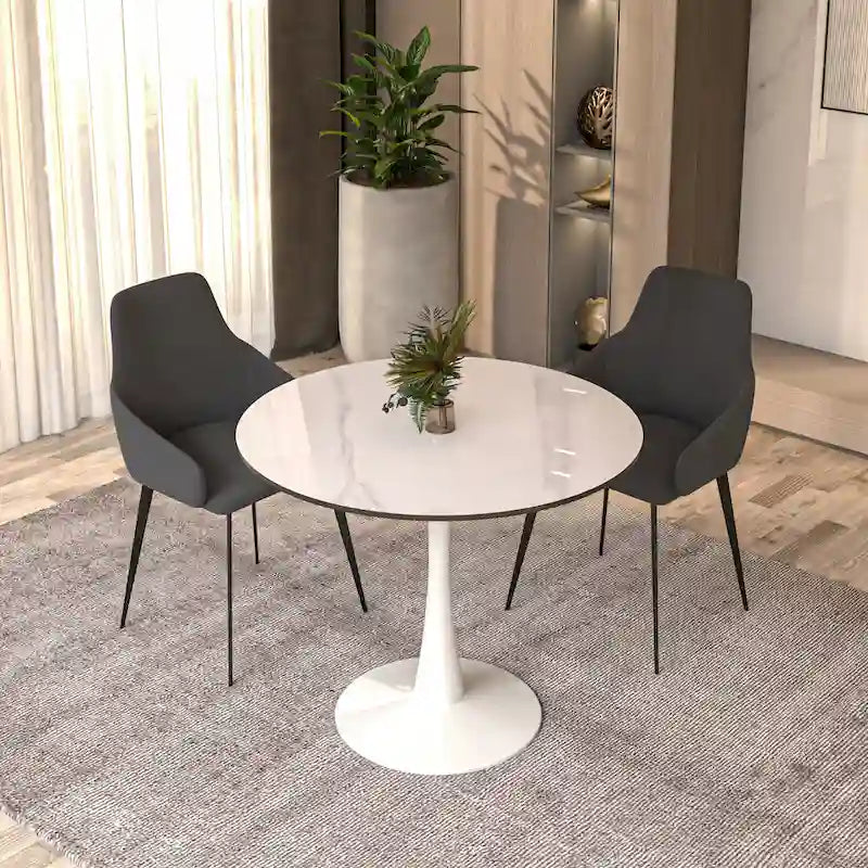 Table de salle à manger ronde moderne Bristol 31 avec plateau en pierre frittée et pied central en acier inoxydable blanc pour salle à manger et cuisine