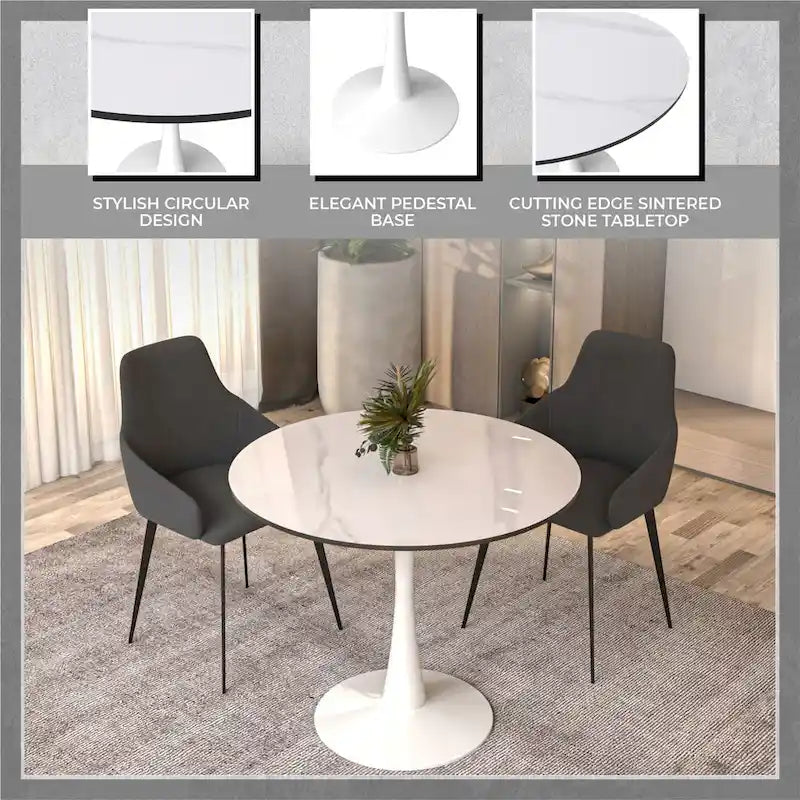Table de salle à manger ronde moderne Bristol 31 avec plateau en pierre frittée et pied central en acier inoxydable blanc pour salle à manger et cuisine