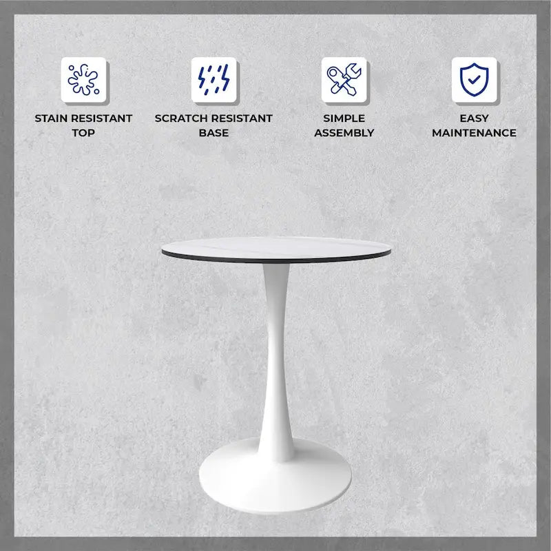 Table de salle à manger ronde moderne Bristol 31 avec plateau en pierre frittée et pied central en acier inoxydable blanc pour salle à manger et cuisine