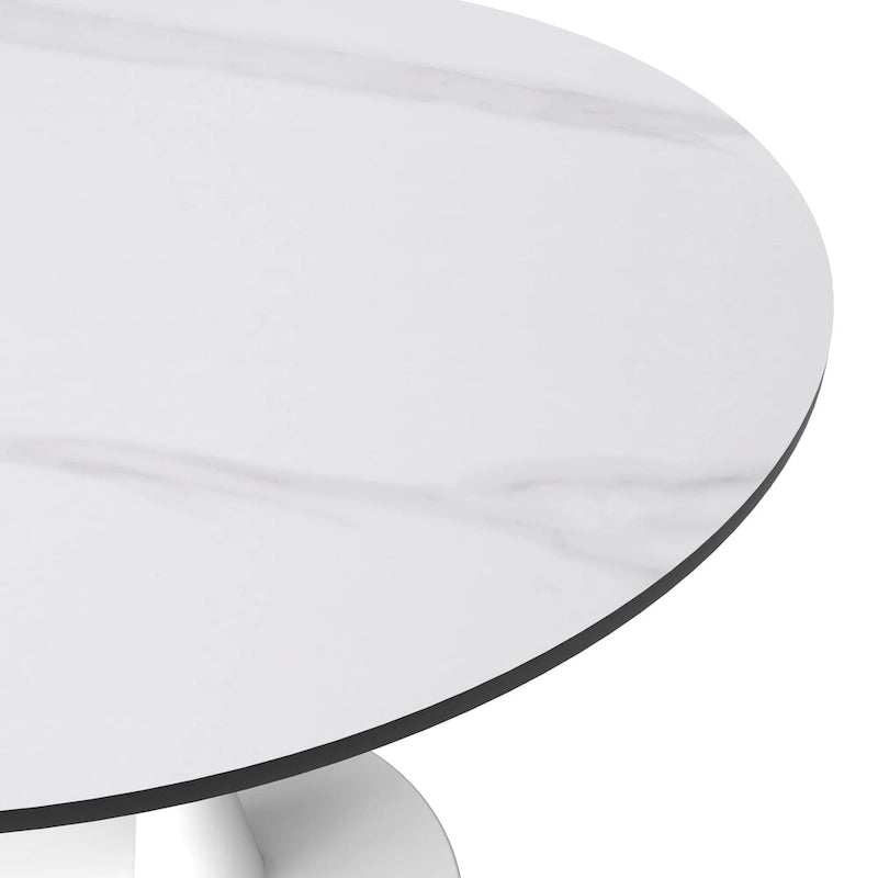 Table de salle à manger ronde moderne Bristol 31 avec plateau en pierre frittée et pied central en acier inoxydable blanc pour salle à manger et cuisine