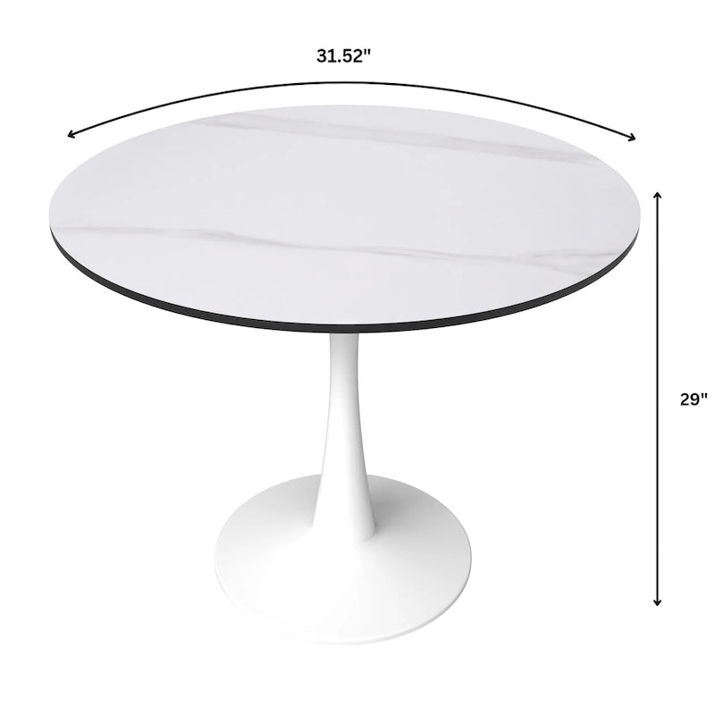 Table de salle à manger ronde moderne Bristol 31 avec plateau en pierre frittée et pied central en acier inoxydable blanc pour salle à manger et cuisine