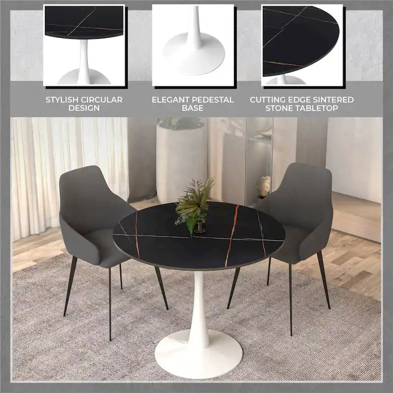 Table de salle à manger ronde moderne Bristol 31 avec plateau en pierre frittée et pied central en acier inoxydable blanc pour salle à manger et cuisine
