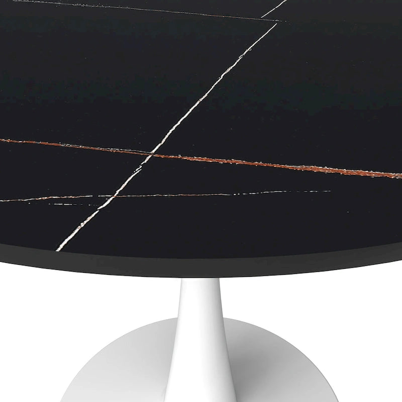 Table de salle à manger ronde moderne Bristol 31 avec plateau en pierre frittée et pied central en acier inoxydable blanc pour salle à manger et cuisine