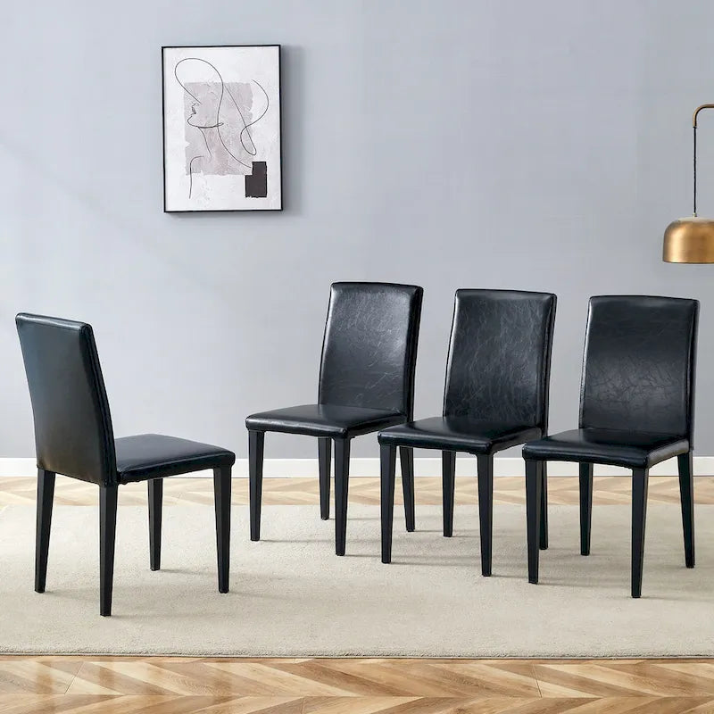 Ensemble de 4 chaises de salle à manger sans accoudoirs, dossier haut, en similicuir, coussin moelleux et pieds en métal, pour salon et cuisine.