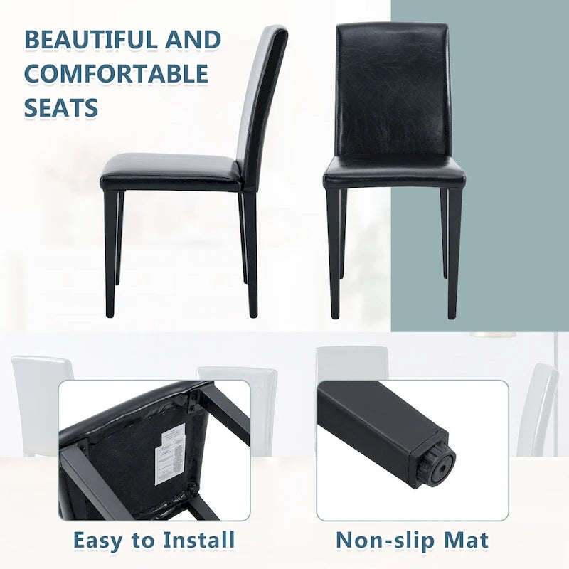 Ensemble de 4 chaises de salle à manger sans accoudoirs, dossier haut, en similicuir, coussin moelleux et pieds en métal, pour salon et cuisine.