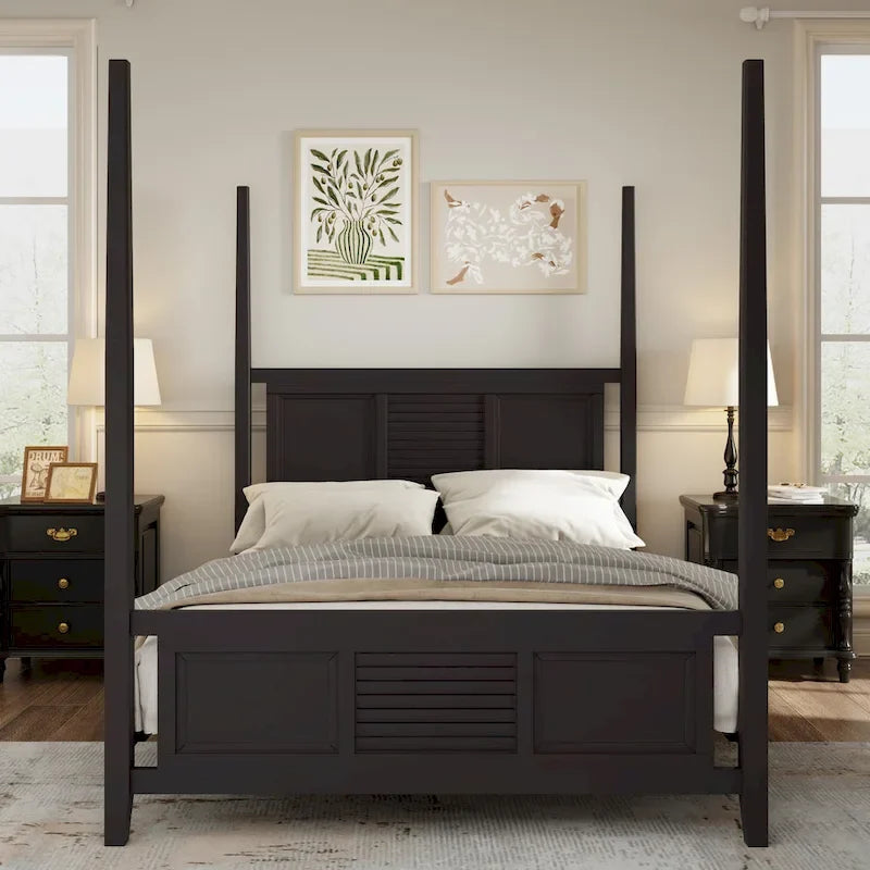 Lit à baldaquin Queen en pin massif avec cadre de 75 pouces de haut
