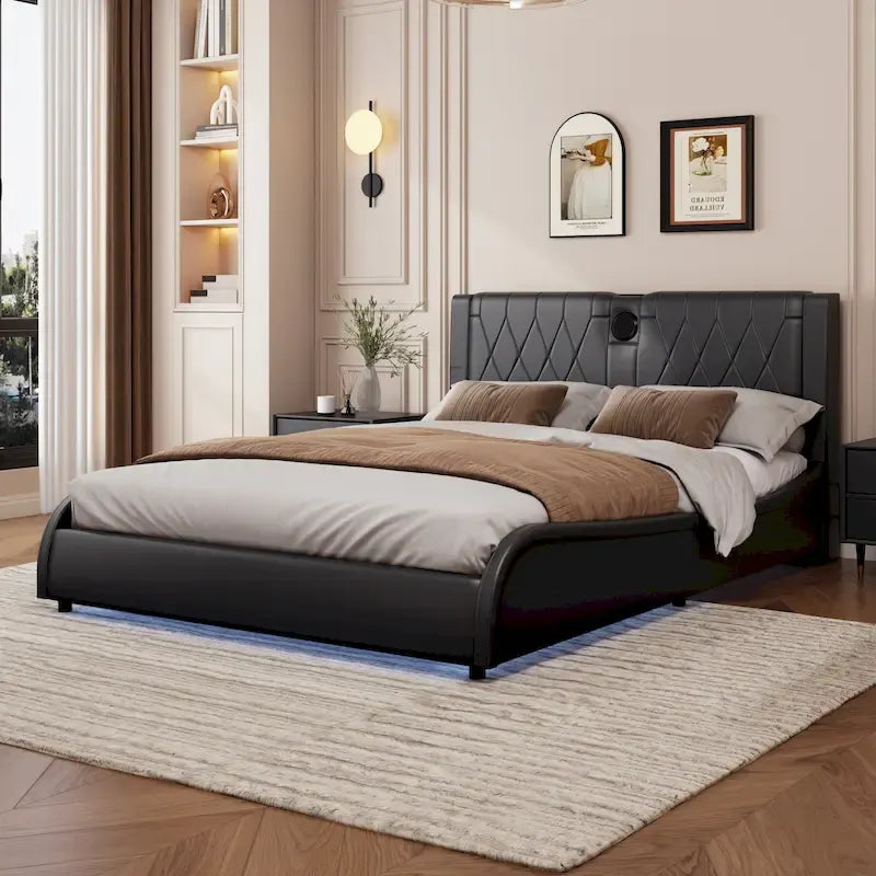 Cadre de lit King LED avec haut-parleurs Bluetooth et revêtement en cuir