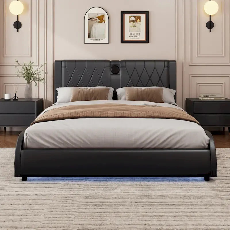 Cadre de lit King LED avec haut-parleurs Bluetooth et revêtement en cuir