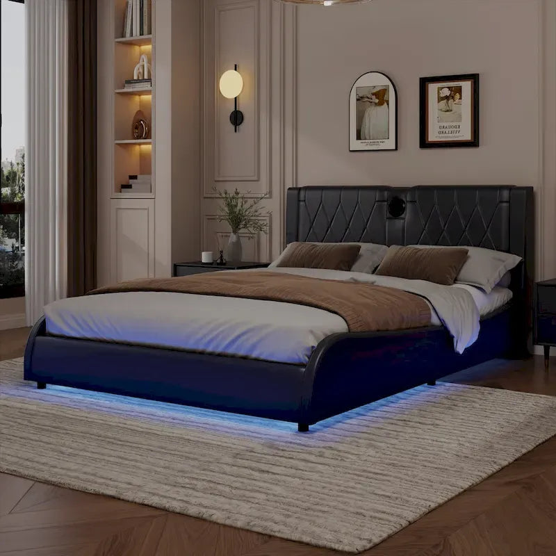 Cadre de lit King LED avec haut-parleurs Bluetooth et revêtement en cuir