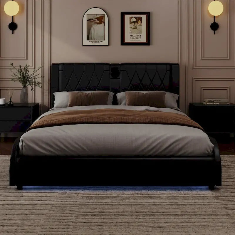 Cadre de lit King LED avec haut-parleurs Bluetooth et revêtement en cuir