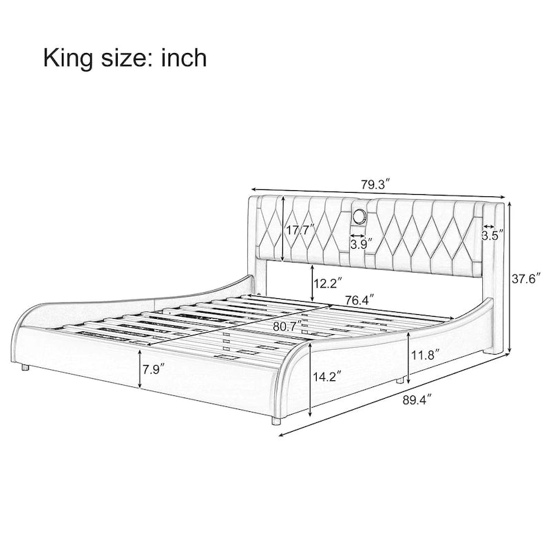 Cadre de lit King LED avec haut-parleurs Bluetooth et revêtement en cuir