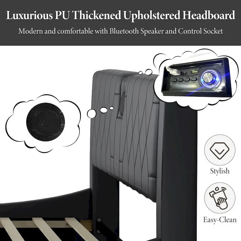 Cadre de lit King LED avec haut-parleurs Bluetooth et revêtement en cuir