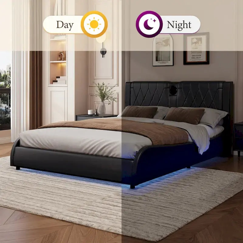 Cadre de lit King LED avec haut-parleurs Bluetooth et revêtement en cuir